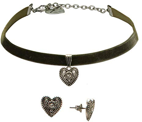 Alpenflüstern Trachtenschmuck-Set Trachten-Samt-Kropfband und Ohrstecker Trachtenherz - Damen-Trachten-Schmuck, Trachtenset Trachtenkette und Trachten-Ohrringe grün SET042