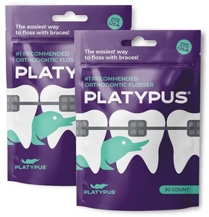 Platypus Orthodontic Flossers for Braces, 30 Count (Pack of 2), Ortho Picks for Adults & Kids, Fits Under Arch Wire, Non-Damaging, Encourage Flossing Habits