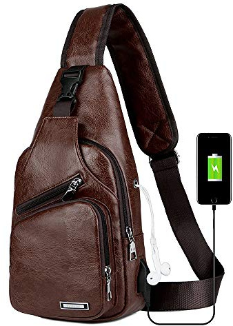 Peicees Leather Sling Bag Mens Crossbody Bag Chest Bag Sling Backpack for Men with USB Charge Port