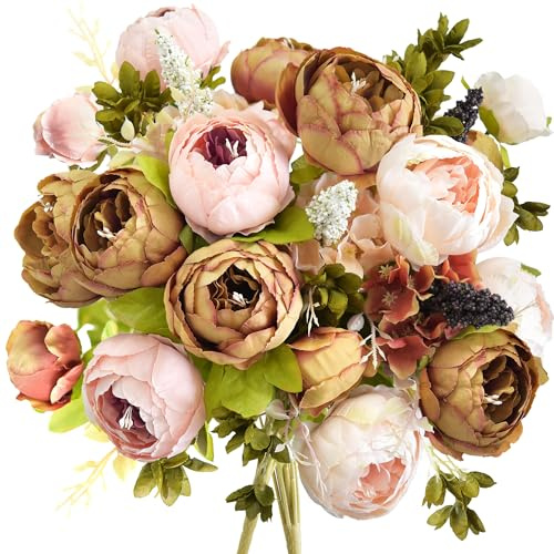 FiveSeasonStuff 2 Bouquet of Peony Silk Artificial Flowers and Hydrangeas/Perfect for Wedding, Bridal, Party, Home, Office Décor (Brown & Nude Pink (2 Bundles))