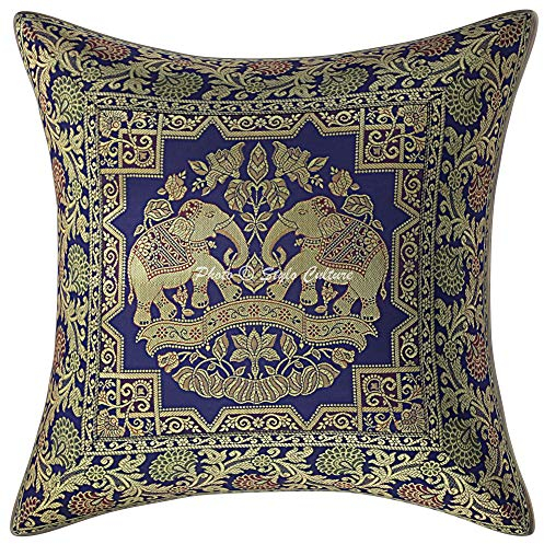 Stylo Culture Ethnicas Funda Almohadon Decorativos 40x40 cm Brocado De Seda Elefante Fundas para Almohadones Sofa Azul Marino Jacquard Cuadrado Cremallera Fundas para Cojines De Cama - 1 Pc