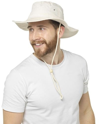 Thingimijigs Men's Cotton Wide Brimmed Safari Bush Hat Sun Hat - Natural L/XL