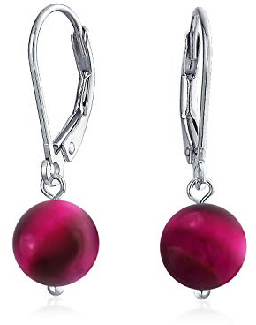 Simple Basic Gemstone Round 8MM Bead Ball Drop Dangle Earrings For Women Teen Secure Hinge Lever back .925 Sterling Silver Birthstones More Colors
