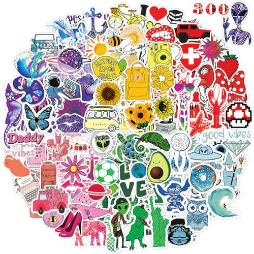 Aufkleber 300 Stück Schöne Bunt Sticker Set, Wasserfest Vinyl Stickers für Laptop Scrapbooking Journaling Handy Skateboard Notebook Macbook Gitarre Tagebuch Trinkflaschen Koffer Trolleys Scooter usw