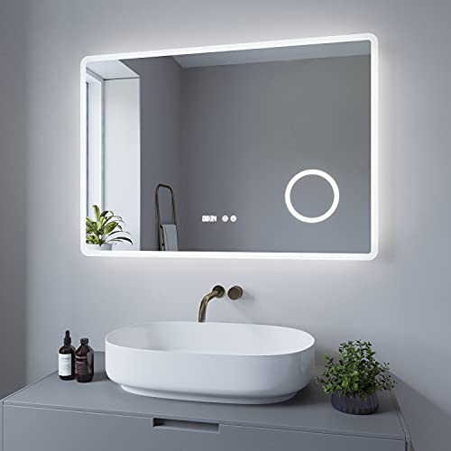AQUABATOS Badspiegel mit Beleuchtung 100x70 cm Uhr Schminkspiegel LED Badezimmerspiegel Licht beleuchtet Antibeschlag Lichtspiegel Badezimmer Beschlagfrei Touch-Schalter Dimmbar für Wandschalter