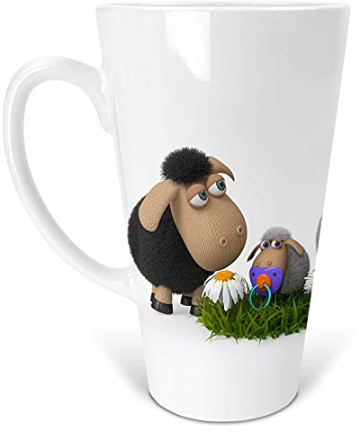 Merchandise for Fans Latte Macchiato Becher Kaffeebecher aus Keramik mit Fotodruck - 450ml - Motiv: 3D Schafe mit Lamm |002