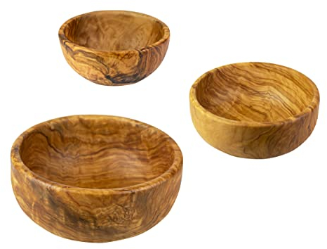 Juego de 3 cuencos grandes de madera de olivo, tres tamaños, redondos: hechos a mano, ideal para cereales, ensaladas, frutas y mucho más