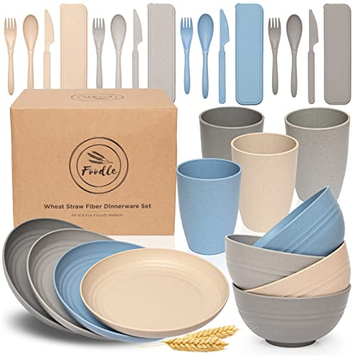 FOODLE Wheat Straw Dinnerware Set - BPA Free & Safety Tested - Microwave & Dishwasher Safe - Perfect for Picnic, Dorm, RV Dishes - Camping Plates Cups and Bowls Set - Great for Kids & Adults - For 4
