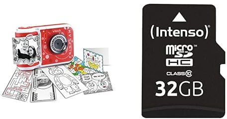 Vtech KidiZoom Print Cam – Sofortbild-Kinderkamera mit Druckfunktion, Selfie- und Videofunktion, Effekten, Spielen u. v. m. & Intenso microSDHC 32GB Class 10 Speicherkarte inkl. SD-Adapter, schwarz