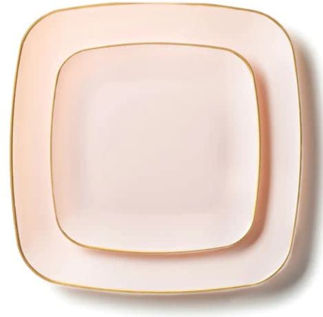Decorline Premium Mehrweg Kunststoff Partygeschirr set - 32 Teile - Quadratische Teller Stabil & Wiederverwendbares Teller Set - 2 Größen (16x25cm & 16x18cm) - Alt Rosa/Gold - Classic