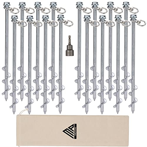 MightyPhine Ground Anchors Screw in - 12 Inch Set of 16 - Tent Stakes Heavy Duty - Trampoline Anchor Kit - Earth Anchor - Swing Set Anchors for Metal Swing Set - Trampoline Stakes Anchors High Wind
