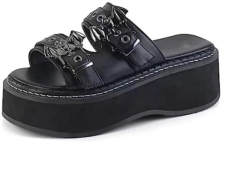 Ulalaza kvinnor plattform Mary Jane kil fladdermus hjärtkedja sandaler öppen tå ankel gotisk Lolita plattform klänning pumps skor tjocka plattformsskor patentläder finskor, S7-svart, 38.5 EU