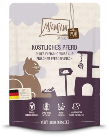 MjAMjAM - Premium våtfoder för katter - Quetschie - rent kött - läcker häst, 1 förpackning (1 x 300g), spannmålsfritt med extra kött
