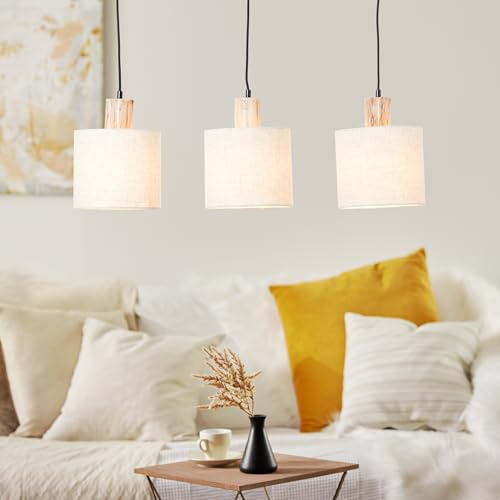 Lightbox Pendelleuchte 3-flammig, Stoffschirm natur, E27 Lampe | Dekorative Hängelampe fürs Schlafzimmer, Wohn- und Esszimmer, natürlicher Look für gemütliche Räume
