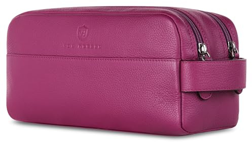 VON HEESEN Kulturbeutel Leder Kulturtasche für Herren & Damen - Echtleder Necessaire ideal zum Reisen - Waschtasche und Kosmetiktasche mit Zwei Hauptfächern pink, groß