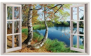 Cuadros en Lienzo Ventana Vista-Falsa Ventana Imagen-Naturaleza Paisaje Pintura Decoración Dormitorio Baño Hogar-Árboles junto al Lago 50x85cm20x33inch Sin Marco