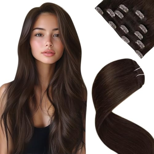 LaaVoo Clip in Hair Extensions Real Human Hair Darkest Brown Human Hair Clip in Extensions Short Brown Double Weft 12 Inch 5pcs 80g