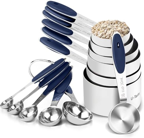 U-Taste Tazas Cucharas Medidoras Juego, acero 18/8, 12 uds, azul medianoche | Reposteria Hornear y Cocinar en la Cocina, Mango de Grosor Mejorado
