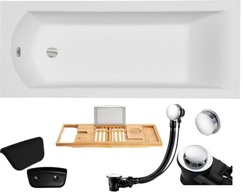 BADLAND Badewanne Original Weiß Acryl Wanne Rechteck SHEA 160x70 KOMPLETTSET SET + Bambus Ablage + Kopfstütze + Füßen und Exklusive Chrom Automatik Ablaufgarnitur Made in EU 5in1