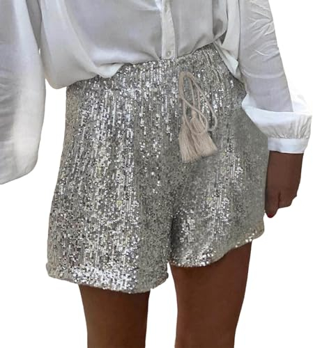 Generisch Damen Pailletten Shorts - Hohe Taille Kordelzug Metallic Hotpants Glitzer Festivals Outfits Glänzend Kurze Hose Sexy Silber S
