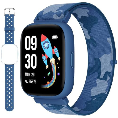 BIGGERFIVE Smartwatch Kinder, 1,8 Smartwatch Uhr Schrittzähler, Schlafmonitor, 24/7 Puls, Vibrationsalarm, IP68 Wasserdicht, Puzzlespiele mit/ohne App, für Mädchen Jungen Teens 5–16, 2 Bänder