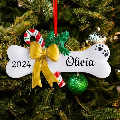 LINMQIU Personalisiertes Weihnachtsornament Hundeknochen mit Namen, 2024 personalisierter Weihnachtsbaumschmuck, Weihnachtsdekoration zum Aufhängen, Weihnachtsanhänger (Schleife)