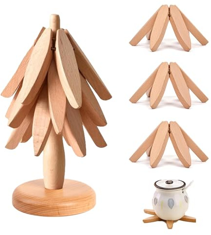 Baumförmige Holzuntersetzer (3 Stück + 1 Ständer) - Weihnachtsbaum-Förmige Untersetzer für Heiße Gerichte, Getränke, Teller, Töpfe, Pfannen