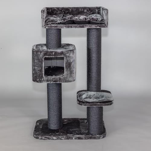 RHRQuality Kratzbaum für große Katzen – Devon Rex – 120 cm hoch – mit 15 cm Sisalstämmen & Spielhaus – Blackline Dunkelgrau