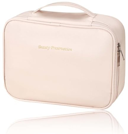 FeiOne Kosmetiktasche, Groß Kapazität, Reise, Damen, Make up Tasche, PU-Leder, Wasserdicht, Beige