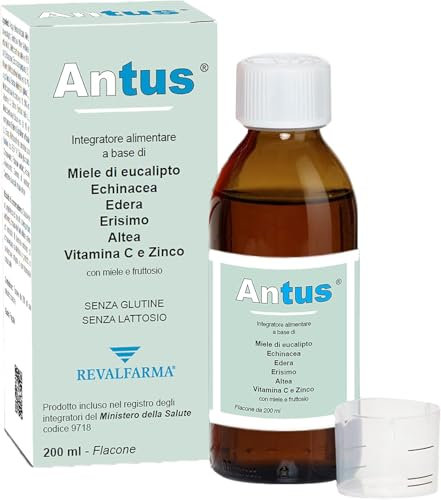 Antus Integratore Alimentare - Tosse Secca, Tosse Grassa - Con Miele - Eucalipto Echinacea Erisimo Altea - Flacone - Gusto Fragola, 200 ml