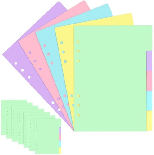 40 unidades/8 juegos de carpetas A5 separadores de 6 agujeros, hojas sueltas para carpetas de 5 colores, separadores horizontales A5, hojas de papel para organizar cuadernos