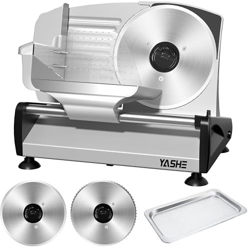 YASHE Affettatrice per carne con motore CC silenzioso, affettatrice elettrica da 200 W, doppie lame rimovibili in acciaio inox da 19 cm e trasporto di alimenti, protezione per bambini, spessore