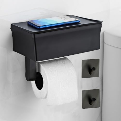 DOKKOME Toilettenpapierhalter mit Feuchttücherbox Klopapierhalter Ohne Bohren Klorollenhalter Rollenhalter Toilet Paper Holder mit Ablage für Badezimmer Selbstklebend Oder Bohren Schwarz