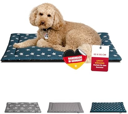 HS-Hundebett® Sommerdecke Baumwolle mit Füllung und Antirutsch M (65x95 cm) – Gepolsterte Hundedecke für den Sommer – Waschbar & Langlebig – Leichte Hunde Sommerdecke – Sterne Petrol, Made in DE