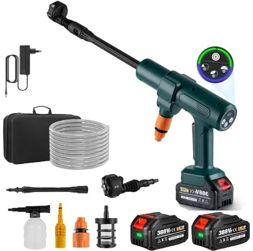 Hochdruckreiniger mit Akku, 21 V, max. 80 bar, Hochdruckreiniger mit 6000 mAh Batterien, Press & Clean Pistole mit 5 m Schlauch, 6-in-1-Düse, Schaumkanne (mit 2 Batterien)