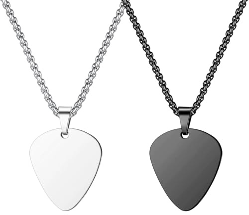 Liitata 2 stycken gitarrplektrum hänge halsband rostfritt stål gitarr plektrum hänge kedja rock punk hip hop halsband för män kvinnor – silver svart