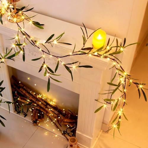 Eambrite Lighted Artificial Olive Garland, 1.8m Christmas Garland with 72 Warm White Lights, Battery Operated with Timer, Flexible Vine Twig Lights for Indoor Holiday Fireplace Home Decor