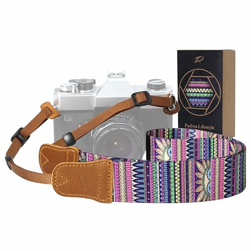 Padwa Lifestyle Camera Strap - 1.5 Soft Nylon Print Crazy Horse Cowhide Head Camera Straps for Photographers and All Cameras,Cute Adjustable Vintage Woven Strap for Adults & Kids(Bohemian Rhythm)