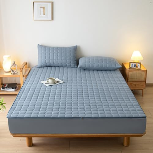Gesteppter wasserdichter Matratzenschoner mit Reißverschluss, waschbarer Milbenbezug für Doppel-/Einzelbett-/King-Size-Größe (200 x 200 + 15 cm, Blau) – 360° Rundumschutz