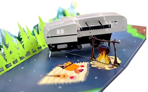 Popup-gratulationskort, husvagn, camping, 3D-vikbart kort för campare och utomhusfans | handgjort kort med lägereld, scen