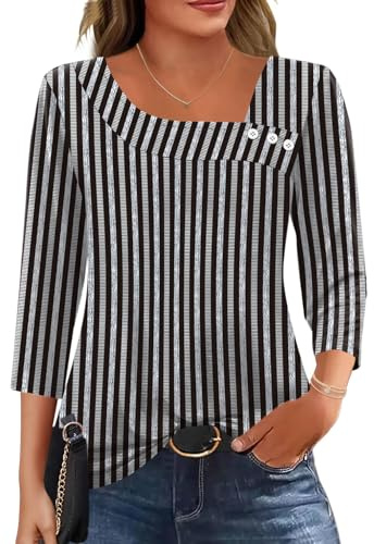 Kistore Womens Tunic Boho Tops for 3/4 Long Sleeve Casual Ladies Square Neck Loose Fit Blouses Summer Spring Plus Size Clothes Stripe XL