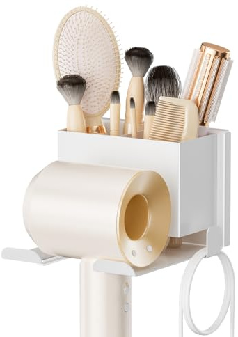 AIRUJIA Hairdryer Holder Wall Mounted with Storage Basket, Bathroom Hair Tools Organiser, Hairdryer Holder for Dressing Table, White