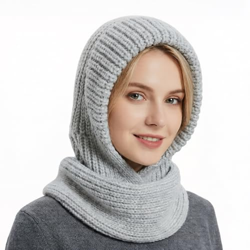 AYPOW kvinnor vinter stickad mössa halsduk set 2 i 1, vindtät varm mössa keps tjock fleece fodrad termisk integrerat öronskydd huva halsduk damer balaklava snood mössor utomhusaktiviteter, Grå, en