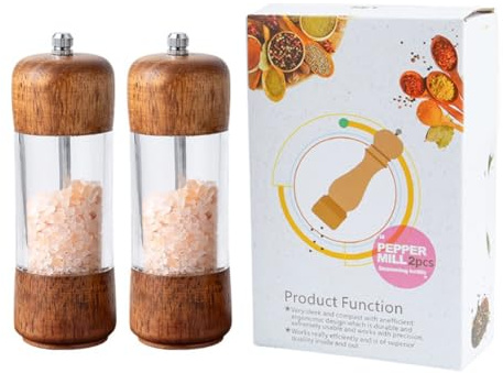 FACAIIO Molinillo de pimienta acrílico transparente y molinillo de sal manual de madera con grosor ajustable para cocina y mesa de comedor