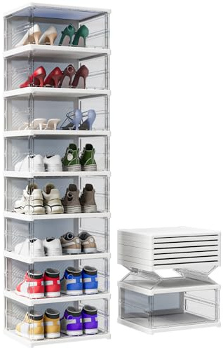 KU Syang Shoe Storage Box,8PCS Shoe Organiser Stackable with Magnetic Door Storage Organise Foldable Space Saving,Fits up to UK Size 12, Transparent and White