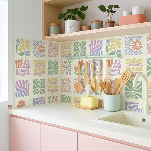 Alwayspon Selbstklebende Vinyl-Aufkleber für Badezimmer, Küche, Boden, Wand, 15 x 15 cm, 10 Stück, Rosa, Lila, Gelb, Blumen