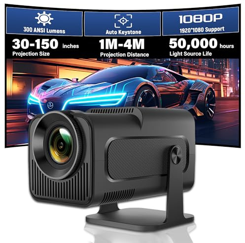 HY320 - Proiettore video portatile con Wi-Fi e Bluetooth - 1920 x 1080P e 300 ANSI, Android 11, correzione trapezoidale automatica, supporto regolabile per home theater, esperienza cinematografica e