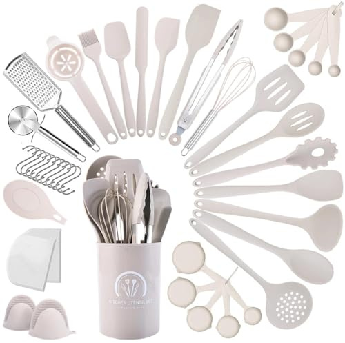 Omtofo Utensili Cucina Silicone, 43 pezzi set di utensili da cucina, senza BPA, resistenti al calore, con porta utensili, Lavabile In Lavastoviglie, Kaki