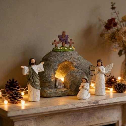 Generisch Tischschmuck Ostern Osterkrippe - Leeres Grab Szene Aus Resin Mit Jesus Figur | Christliche Osterdekoration Für Büro Kaminsims | Religiöses Kunsthandwerk Naturharz