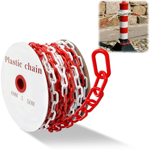 50m Absperrkette Rot Weiß Kunststoff: 6 mm Stärke Kette zum Absperren Warnkette aus Kunststoff für Barrieren in Auffahrten, Arbeitsplätzen und Garagen (1 Rollen)